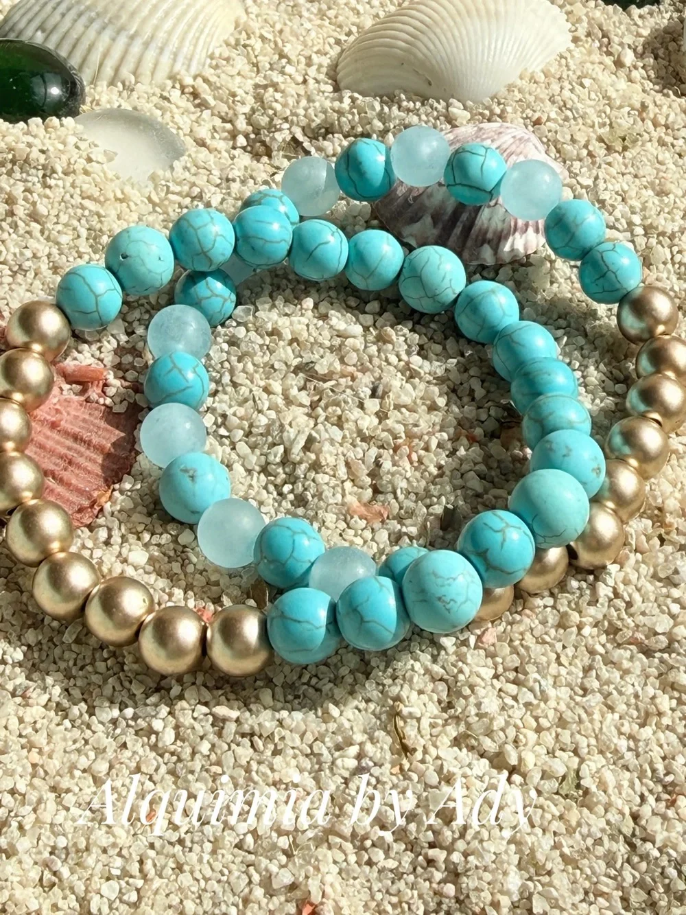 Turquoise and Gold Beaded Stretch Bracelet Set of two